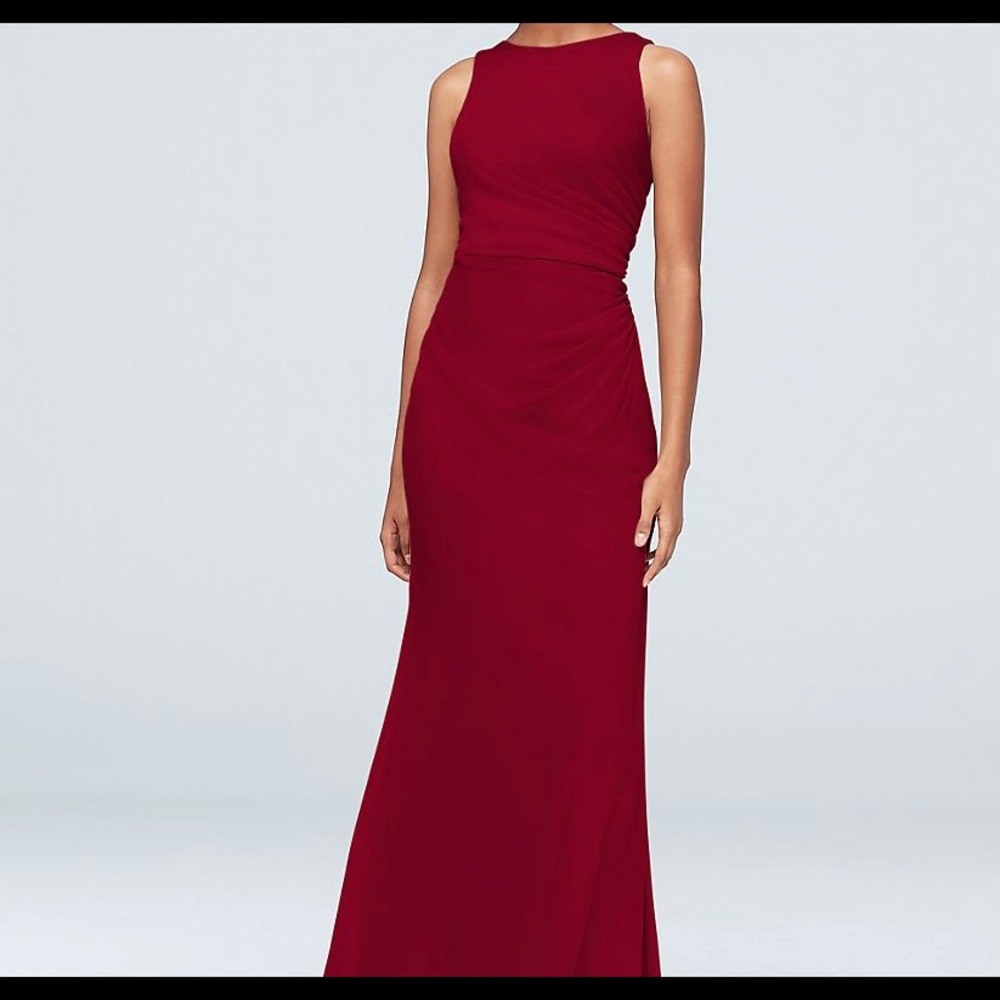 Steel Blue David’s Bridal High-Neck Ruched Mesh Bridesmaid Dress